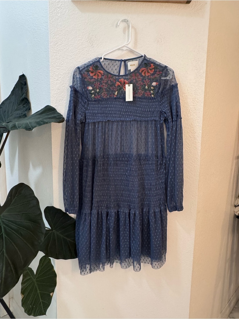 NWT Anthropologie Navy Blue Mesh Mini Dress with Floral Embroidery $168